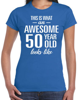 Bellatio Decorations Awesome 50 year Sarah cadeau t-shirt blauw dames XS