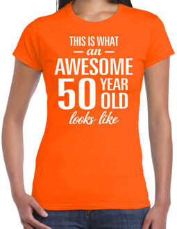 Bellatio Decorations Awesome 50 year Sarah cadeau t-shirt oranje dames XS