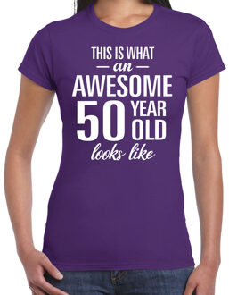 Bellatio Decorations Awesome 50 year Sarah cadeau t-shirt paars dames XS