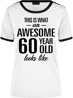 Bellatio Decorations Awesome 60 year / 60 jaar wit/zwart ringer cadeau t-shirt voor dames L