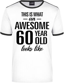 Bellatio Decorations Awesome 60 year / 60 jaar wit/zwart ringer cadeau t-shirt voor heren 2XL