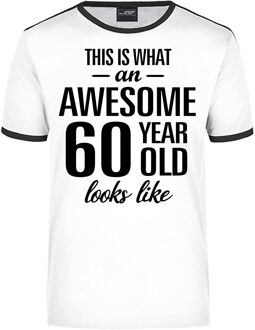Bellatio Decorations Awesome 60 year / 60 jaar wit/zwart ringer cadeau t-shirt voor heren