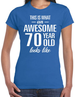 Bellatio Decorations Awesome 70 year / 70 jaar cadeau t-shirt blauw dames 2XL