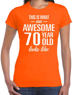 Bellatio Decorations Awesome 70 year / 70 jaar cadeau t-shirt oranje dames 2XL