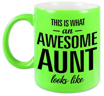 Bellatio Decorations Awesome aunt /tante cadeau mok / beker neon groen 330 ml - feest mokken