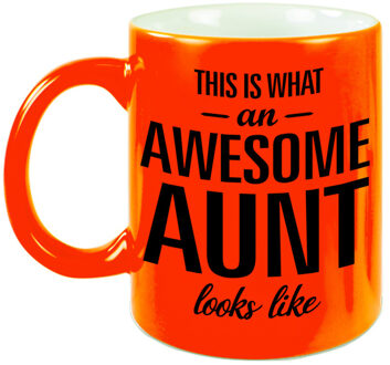 Bellatio Decorations Awesome aunt /tante cadeau mok / beker neon oranje 330 ml - feest mokken Groen