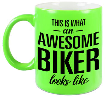 Bellatio Decorations Awesome biker cadeau mok / beker neon groen 330 ml - feest mokken