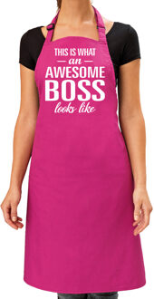 Bellatio Decorations Awesome boss tekst - bbq / keuken schort - roze - voor dames - cadeau voor de baas