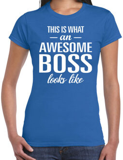 Bellatio Decorations Awesome Boss tekst t-shirt blauw dames XS