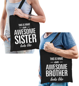 Bellatio Decorations Awesome Brother en Sister tasje zwart - Cadeau tassen set voor Broer en Zus