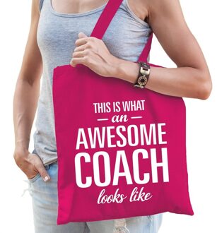 Bellatio Decorations Awesome coach bedank cadeau tas roze katoen - Feest Boodschappentassen