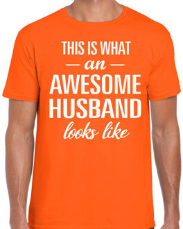 Bellatio Decorations Awesome Husband / echtgenoot cadeau t-shirt oranje heren 2XL