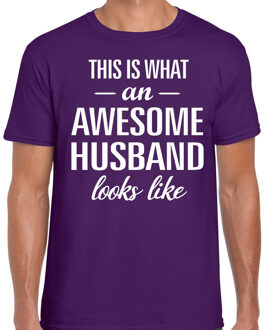Bellatio Decorations Awesome Husband / echtgenoot cadeau t-shirt paars heren S