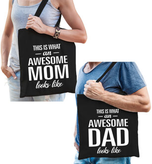 Bellatio Decorations Awesome Mom en Awesome Dad tasje - Cadeau tassen set voor Papa en Mama