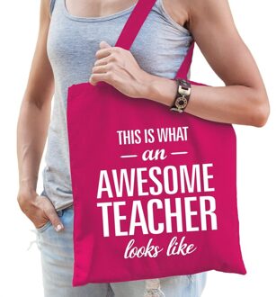 Bellatio Decorations Awesome teacher bedank cadeau tas roze katoen - Feest Boodschappentassen