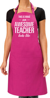 Bellatio Decorations Awesome teacher cadeau bbq/keuken schort roze voor dames -  kado barbecue schort voor lerares / juffen