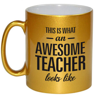 Bellatio Decorations Awesome teacher cadeau gouden mok / beker voor juf / meester 330 ml - feest mokken Goudkleurig