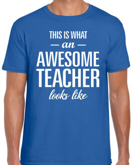 Bellatio Decorations Awesome Teacher cadeau meesterdag t-shirt blauw heren 2XL