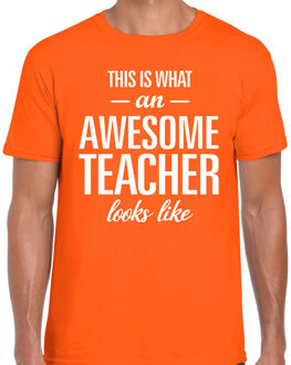 Bellatio Decorations Awesome Teacher cadeau meesterdag t-shirt oranje heren 2XL