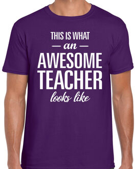 Bellatio Decorations Awesome Teacher cadeau meesterdag t-shirt paars heren 2XL