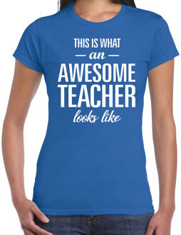 Bellatio Decorations Awesome teacher cadeau t-shirt blauw dames - Juffendag/ einde schooljaar cadeau 2XL