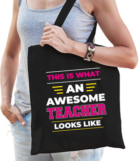 Bellatio Decorations Awesome teacher / geweldige juf katoenen tas - zwart - 42 x 38 cm