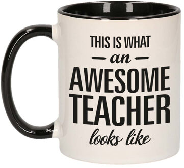 Bellatio Decorations Awesome teacher / Geweldige leerkracht mok / beker zwart wit 300 ml - Cadeau mokken
