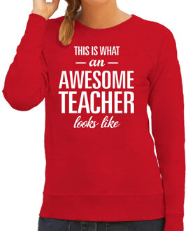 Bellatio Decorations Awesome teacher / lerares / juf cadeau sweater / trui rood met witte letters voor dames - beroepen sweater / moederdag / verjaardag cadeau 2XL