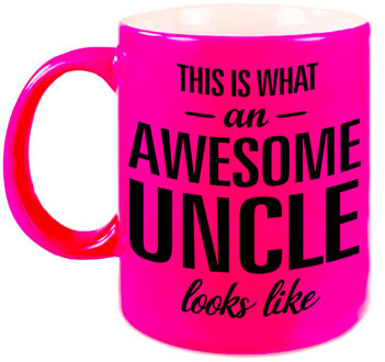 Bellatio Decorations Awesome uncle / oom cadeau mok / beker neon roze 330 ml