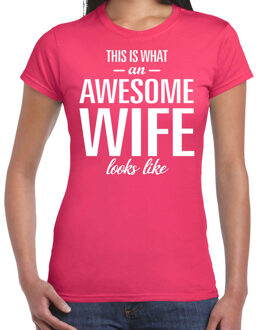 Bellatio Decorations Awesome wife / echtgenote cadeau t-shirt roze dames L