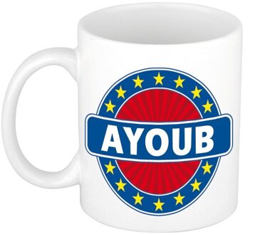 Bellatio Decorations Ayoub voornaam koffiemok - beker - wit/blauw - 300 ml - Cadeau - Heren - Collega - Vaderdag Multi