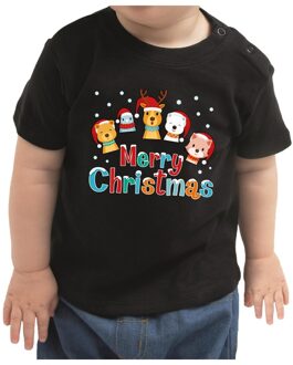 Bellatio Decorations Baby kerst shirt dierenvriendjes Merry Christmas voor meisje / jongen zwart 62 (1-3 maanden) - kerst t-shirts kind