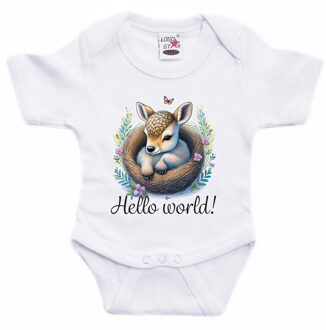 Bellatio Decorations Baby rompertje - hallo wereld - hertje - wit - kraam cadeau - babyshower - cadeau romper