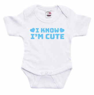 Bellatio Decorations Baby rompertje - i know i'm cute - blauw - glitter - kraam cadeau 56 (1-2 maanden)