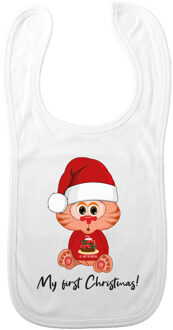 Bellatio Decorations Baby slabbetje - wit - My first Christmas - morsdoek - kerstpoesje - kerstcadeau
