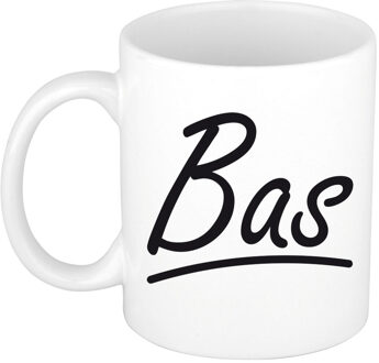 Bellatio Decorations Bas Naam koffiemok - beker - met sierlijke letters - wit - 300 ml - Cadeau - Heren