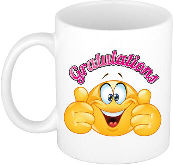 Bellatio Decorations BD Cadeau koffie/thee mok - duim omhoog smiley - gratulations - roze