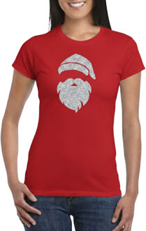 Bellatio Decorations BD Kerst T-shirt dames - Kerstman hoofd - rood - glitter zilver L
