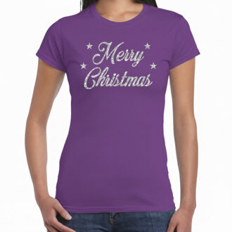 Bellatio Decorations BD Kerst T-shirt dames - paars - Merry Christmas - zilveren glitters L