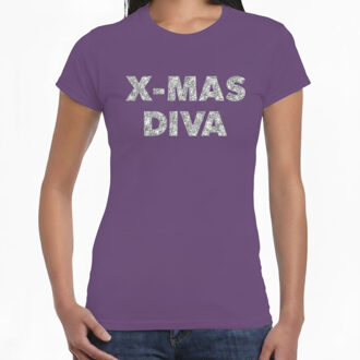 Bellatio Decorations BD Kerst T-shirt dames - x-mas diva - paars - zilveren glitters XL