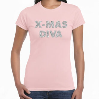 Bellatio Decorations BD Kerst T-shirt dames - x-mas diva - roze - zilveren glitters M