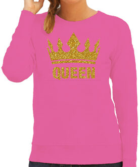 Bellatio Decorations BD Koningsdag Sweater dames - Queen - glitter goud - roze - feest XL