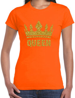 Bellatio Decorations BD Koningsdag T-shirt dames - Queen - glitter goud - oranje - feest XS