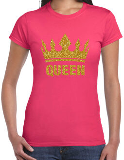 Bellatio Decorations BD Koningsdag T-shirt dames - Queen - glitter goud - roze - feest XL