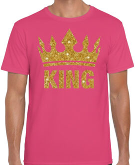 Bellatio Decorations BD Koningsdag T-shirt heren - roze - King - glitter goud - kroon L