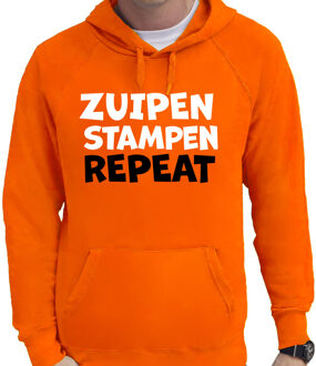 Bellatio Decorations BD Koningsdag verkleed hoodie heren - zuipen stampen repeat - oranje 2XL