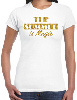 Bellatio Decorations BD Toppers T-shirt dame - The summer is Magic - wit - glitter goud XS