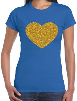 Bellatio Decorations BD Verkleed T-shirt dames - blauw - hartje - glitter goud - themafeest L