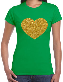 Bellatio Decorations BD Verkleed T-shirt dames - groen - hartje - glitter goud - themafeest L