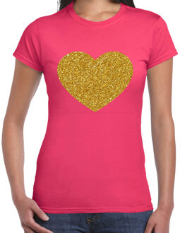 Bellatio Decorations BD Verkleed T-shirt dames - roze - hartje - glitter goud - themafeest L